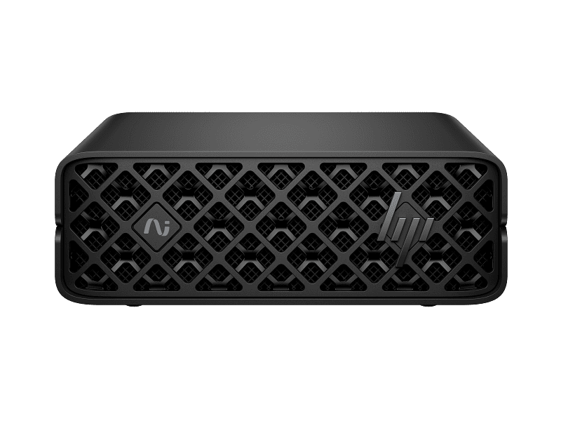 HP ZGX Nano G1n AI Station D8ZK1PT | YourShoppy.com HP ZGX Nano G1n AI Station D8ZK1PT black mini desktop computer with front grille and HP branding at YourShoppy.com.