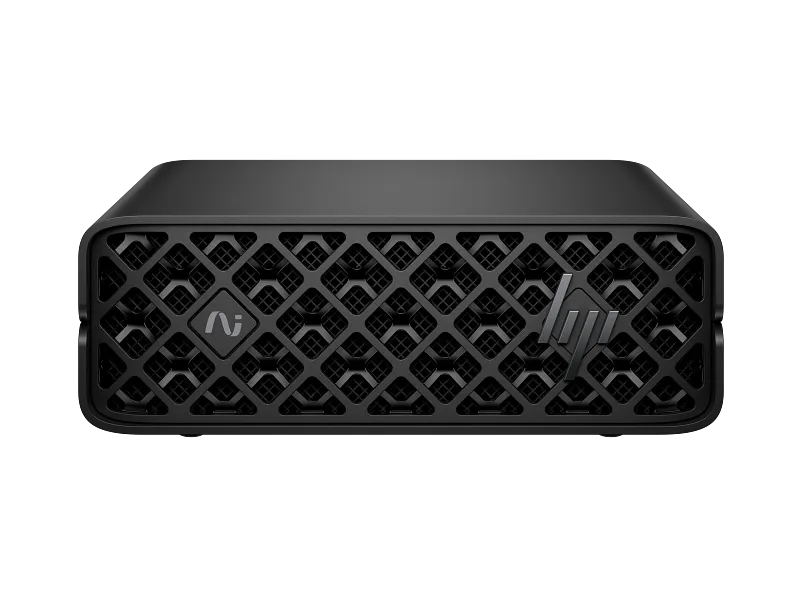 HP ZGX Nano G1n AI Station D8ZK1PT black mini desktop computer with front grille and HP branding at YourShoppy.com.