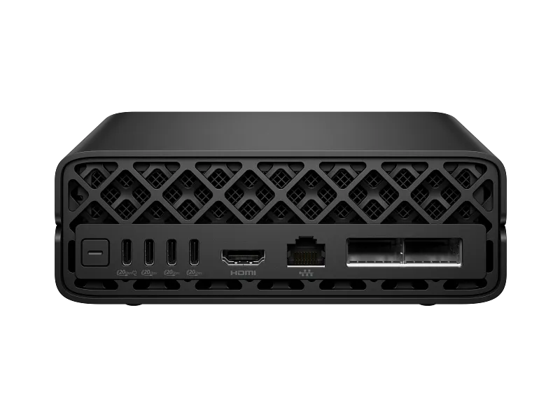 Rear view of the black HP ZGX Nano G1n AI Station mini desktop showing USB-C, HDMI, Ethernet, and power ports at YourShoppy.c