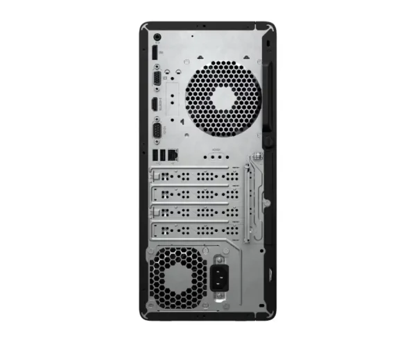 Rear view of the HP Pro Tower 280 G9 Desktop showing the cooling fan, power port, and various I/O connectivity ports.