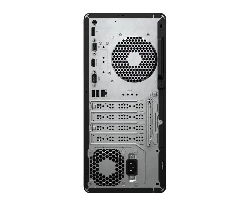 Rear view of the HP Pro Tower 280 G9 Desktop showing the power supply, cooling fan, and various I/O ports at YourShoppy.com.
