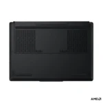 Bottom view of the Eclipse Black Lenovo Legion 5 15AHP11 laptop featuring extensive cooling vents and an AMD logo.