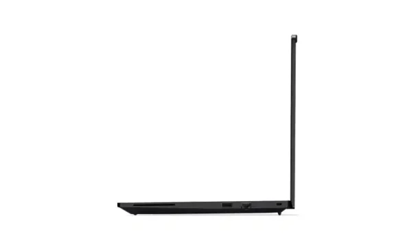 Side profile view of the black Lenovo ThinkPad P14s Gen 6 21QTS1RT00 laptop showing its slim port connectivity at YourShoppy.