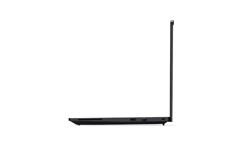 Side profile view of the black Lenovo ThinkPad P14s Gen 6 21QTS1RT00 laptop showing its slim port connectivity at YourShoppy.