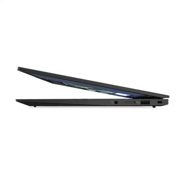 Side profile of the black Lenovo ThinkPad X1 Carbon Gen 11 laptop showing its slim design and ports at YourShoppy.com.