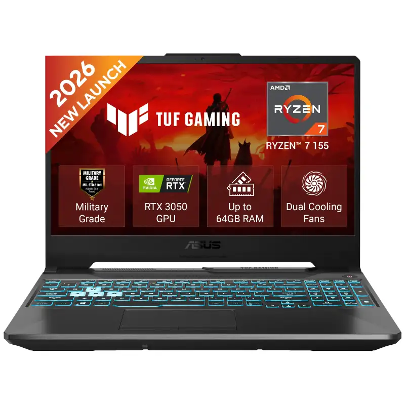 Asus TUF Gaming A15 FA506NCG-HN443W laptop with Ryzen 7 155, RTX 3050 GPU, and backlit keyboard at YourShoppy.com.