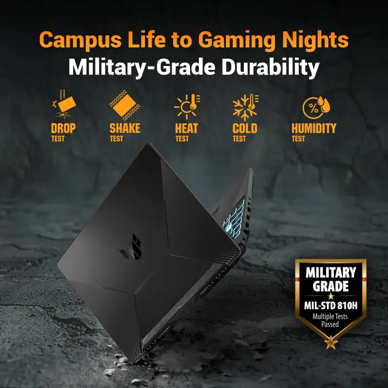 Asus TUF Gaming A15 FA506NCG-HN443WS laptop showcasing military-grade durability against drop, shake, heat, cold, and humidit