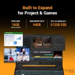 Asus TUF Gaming A15 FA506NCG-HN443WS laptop showing 16GB DDR5 RAM, 512GB SSD, and upgradeable memory specs at YourShoppy.com.