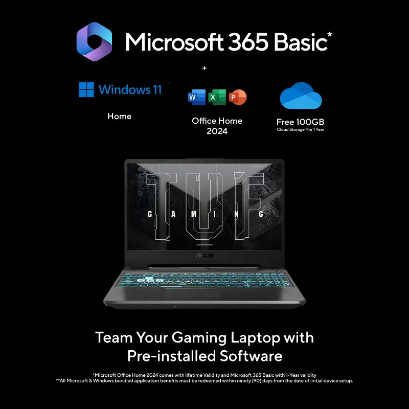 Asus TUF Gaming A15 FA506NCG-HN448WS laptop with pre-installed Windows 11 Home, Office Home 2024, and 100GB cloud storage.