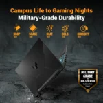 Asus TUF Gaming A15 FA506NCG-HN448WS laptop showcasing military-grade durability testing icons against a dark background.