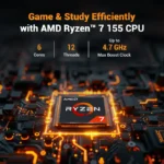 AMD Ryzen 7 155 processor chip graphic with 6 cores, 12 threads, and 4.7 GHz boost clock for Asus TUF Gaming A15 laptop.