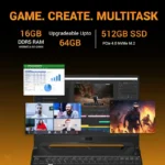 Asus TUF Gaming A15 FA506NCQ-IN080W laptop showing 16GB DDR5 RAM, 512GB SSD, and multitasking capabilities at YourShoppy.com.