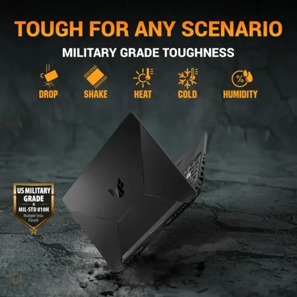 Asus TUF Gaming A15 FA506NCQ-IN080W laptop showcasing MIL-STD 810H military-grade durability against drop, shake, and heat.