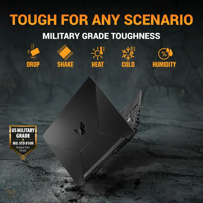Asus TUF Gaming A15 FA506NCQ-IN080W laptop showcasing MIL-STD 810H military-grade durability against drop, shake, and heat.