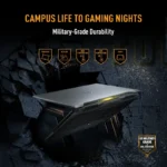 Asus TUF Gaming F16 FX607VJR-TU326WS laptop showcasing military-grade durability icons against a cracked stone background.