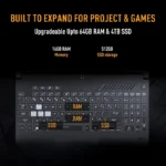 Asus TUF Gaming F16 FX607VJR-TU326WS keyboard view highlighting 16GB RAM and 512GB SSD upgradeability at YourShoppy.com.