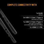 Side view of the Asus TUF Gaming F16 FX607VJR-TU326WS laptop showing RJ45, USB-A, USB-C, and HDMI 2.1 connectivity ports.