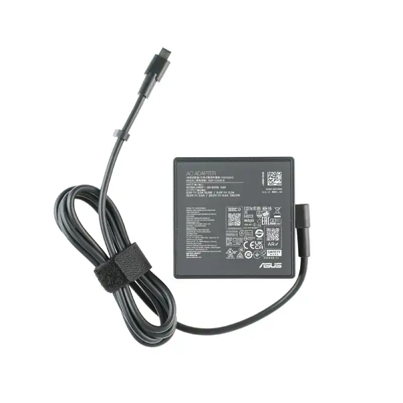 ASUS 130W USB-C power adapter for ROG Flow and Zenbook A16 laptops, featuring a black brick design and integrated cable.