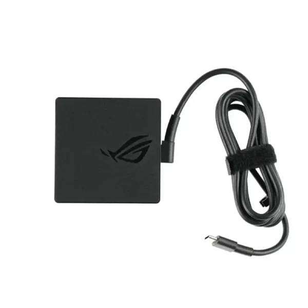 Asus A20-100P1A 100W USB-C power adapter with ROG logo, featuring an integrated cable for laptop charging at YourShoppy.com.