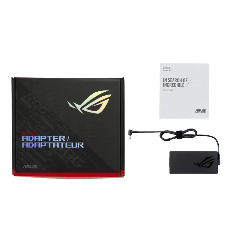 Asus ROG 250W rectangle pin DC adapter for Zephyrus G14 laptops, including original box and warranty card at YourShoppy.com.