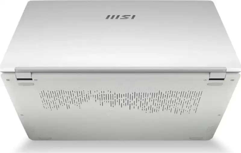 Urban Silver MSI Modern 14 C7M-104IN laptop viewed from the bottom showing the ventilation grill and hinge design at YourShop