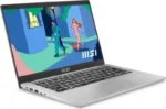 MSI Modern 14 C7M-104IN laptop in Urban Silver with a 14-inch display, shown from an angled perspective at YourShoppy.com.