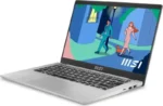 MSI Modern 14 C7M-104IN silver laptop featuring a 14-inch FHD display, AMD Ryzen 5 processor, 16GB RAM, and 512GB SSD.