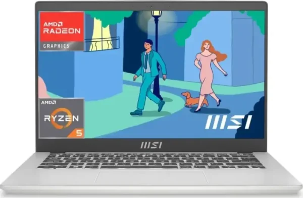 MSI Modern 14 C7M-104IN laptop in Urban Silver with 14-inch FHD display, AMD Ryzen 5 processor, and integrated Radeon graphic