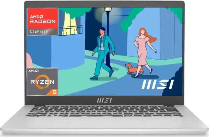 MSI Modern 14 C7M-104IN laptop in Urban Silver with 14-inch FHD display, AMD Ryzen 5 processor, and integrated Radeon graphic