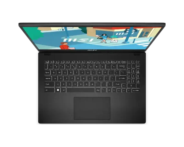 Top-down view of the MSI Modern 15 H B13M-225IN laptop featuring a classic black chassis and full-size backlit keyboard.