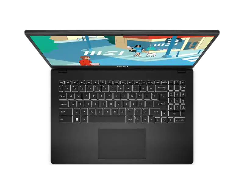 Top-down view of the MSI Modern 15 H B13M-225IN laptop featuring a classic black chassis and full-size backlit keyboard.