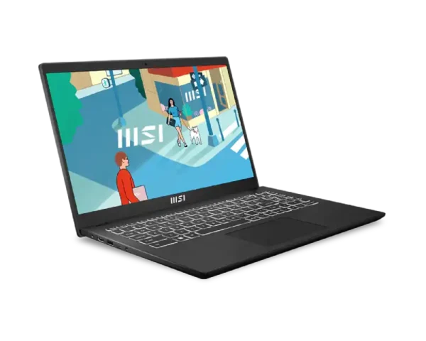 MSI Modern 15 H B13M-225IN laptop in classic black with a 15.6-inch display, shown from a side angle at YourShoppy.com.