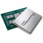 AMD Ryzen Threadripper PRO 9995WX 96-Core sTR5 processor showing the metallic heat spreader and green circuit board base.