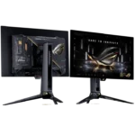 ASUS ROG Swift OLED PG27AQDM 26.5-inch QHD gaming monitor showing front and back views with a tripod stand at YourShoppy.com.
