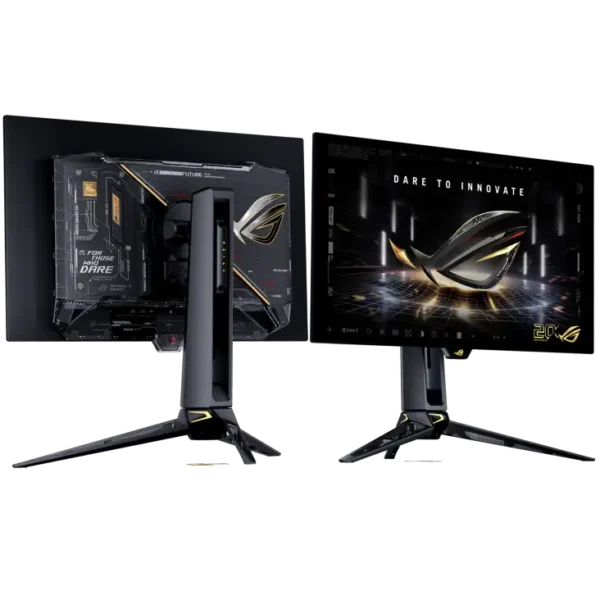 ASUS ROG Swift OLED PG27AQDM 26.5-inch QHD gaming monitor showing front and back views with a tripod stand at YourShoppy.com.