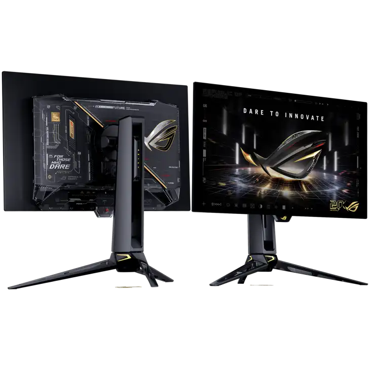 ASUS ROG Swift OLED PG27AQDM 26.5-inch QHD gaming monitor showing front and back views with a tripod stand at YourShoppy.com.