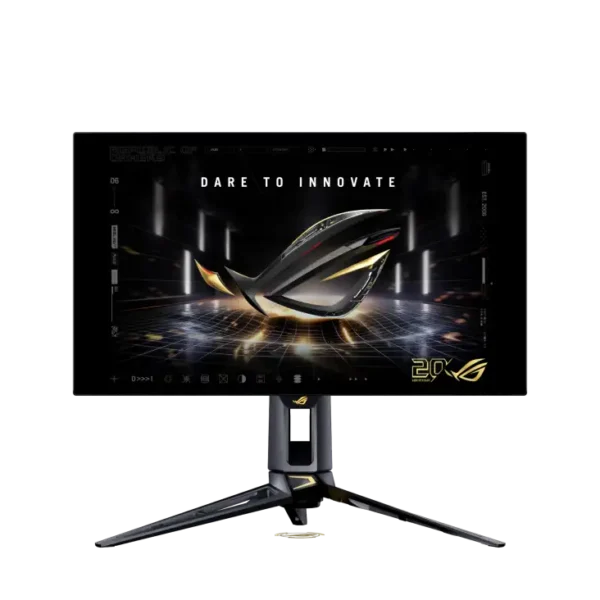 ASUS ROG Swift OLED PG27AQDM 26.5-inch QHD 240Hz gaming monitor with a sleek stand displayed at YourShoppy.com in Bengaluru.