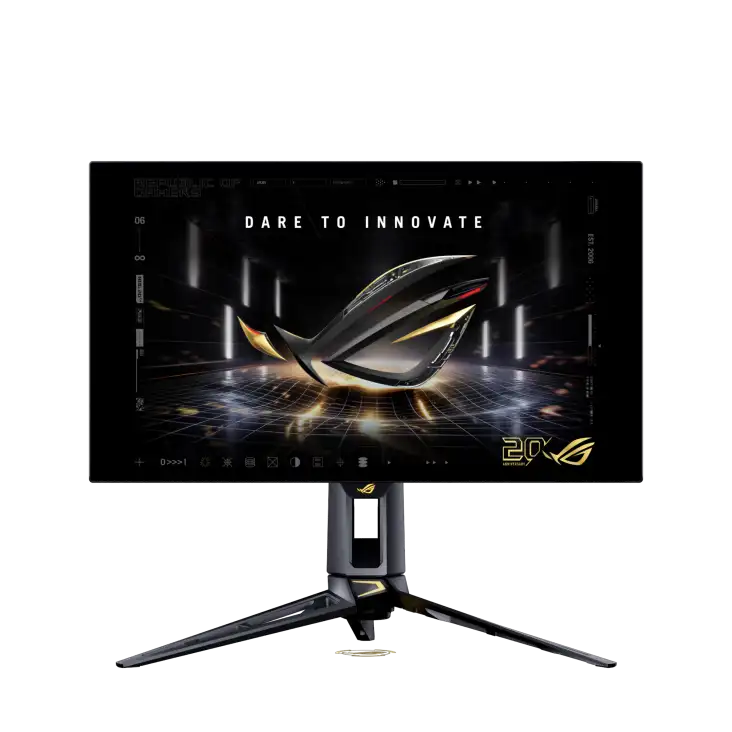 ASUS ROG Swift OLED PG27AQDM 26.5-inch QHD 240Hz gaming monitor with a sleek stand displayed at YourShoppy.com in Bengaluru.