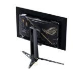 Rear view of ASUS ROG Swift OLED PG27AQDM 26.5-inch QHD gaming monitor with signature ROG branding and adjustable stand.