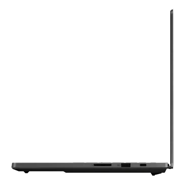 Side profile of the Eclipse Gray ASUS ROG Zephyrus G14 GU405AP-SY060WS gaming laptop showing its slim port connectivity.