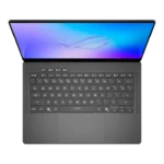 Top-down view of the ASUS ROG Zephyrus G14 GU405AP-SY060WS gaming laptop in Eclipse Gray with a backlit keyboard.