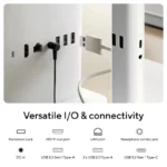 Rear view of ASUS V200 AiO VM240FA-KWAR3002WS showing HDMI, LAN, USB, and audio ports with a connectivity icon legend below.