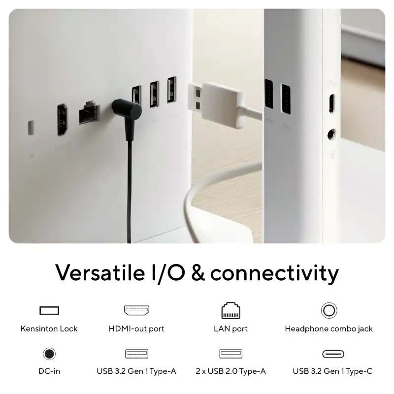 Rear view of ASUS V200 AiO VM240FA-KWAR3002WS showing HDMI, LAN, USB, and audio ports with a connectivity icon legend below.