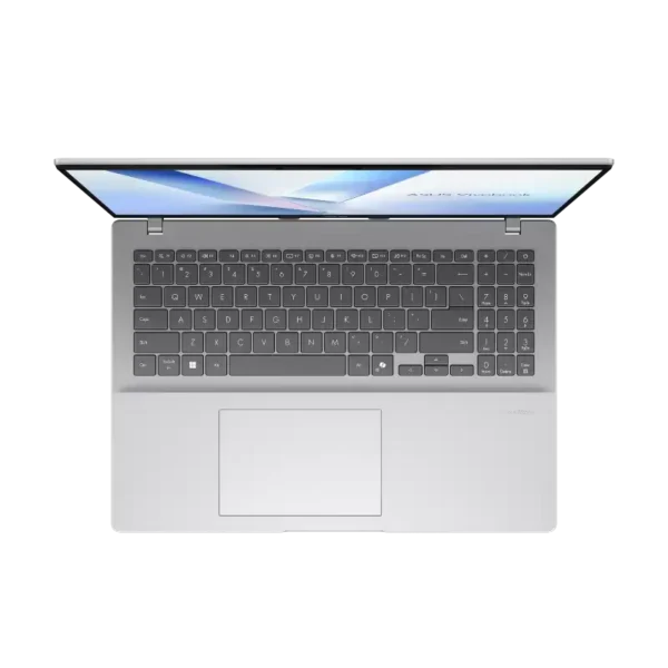Top-down view of the silver ASUS Vivobook 16 X1607QA-MB188WS laptop featuring a full-size keyboard and spacious trackpad.