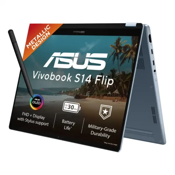 ASUS Vivobook S14 Flip TP5408QA-U2093WS light blue 2-in-1 laptop with OLED touchscreen and stylus, sold at YourShoppy.com.