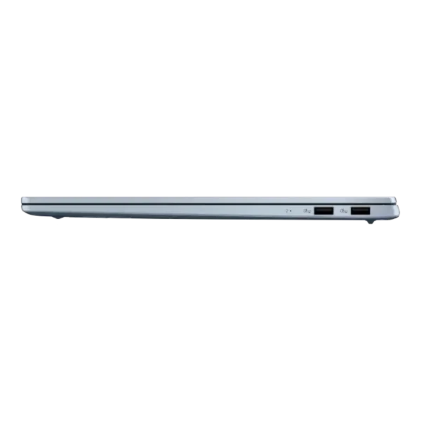 Side view of light blue ASUS Vivobook S16 S5608QA-U3412WS laptop showing USB ports and sleek chassis design at YourShoppy.com