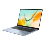ASUS Vivobook S16 S5608QA-U3412WS laptop in light blue featuring a 16-inch OLED display and Snapdragon X processor.