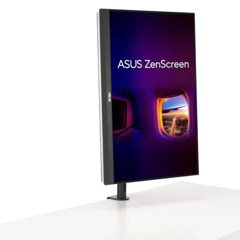 ASUS ZenScreen MB27ACF 27-inch QHD portable monitor in vertical orientation mounted on a desk stand at YourShoppy.com.