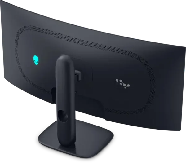 Rear view of the Dell Alienware AW3426DW 34-inch curved QD-OLED gaming monitor with signature glowing logo at YourShoppy.com.
