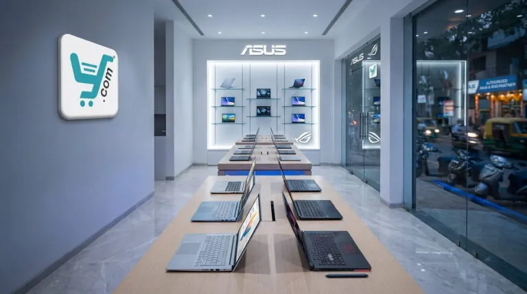 Modern ASUS showroom interior at YourShoppy.com in Koramangala, Bangalore, featuring rows of laptops on display tables.